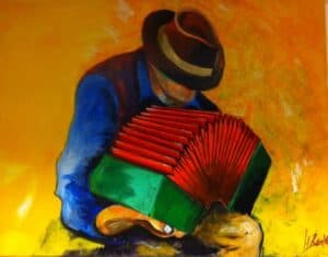 Afbeelding met man die accordeon speelt.